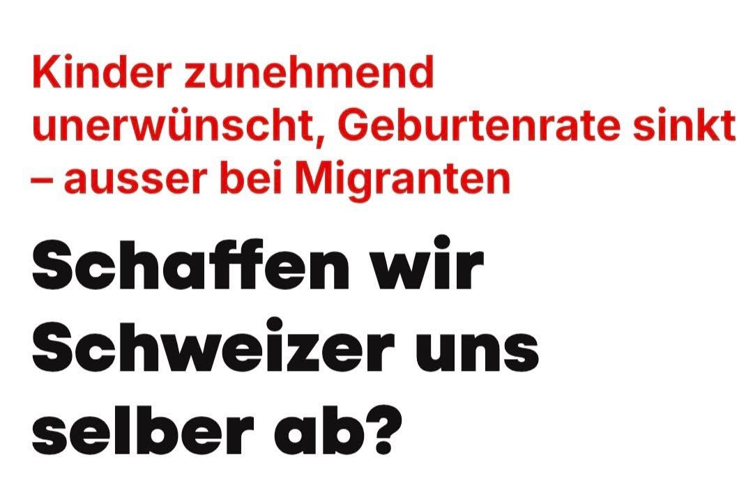 🇨🇭 Schweiz im Ausverkauf – und niemand hält mehr dagegen?

Kinder gelten zunehmend als Belastung, unsere Geburtenrate sinkt auf Tiefstwerte, während die Migrantenzahlen explodieren. Die demografische Realität ist brutal: In manchen Städten sind echte Schweizer schon heute in der