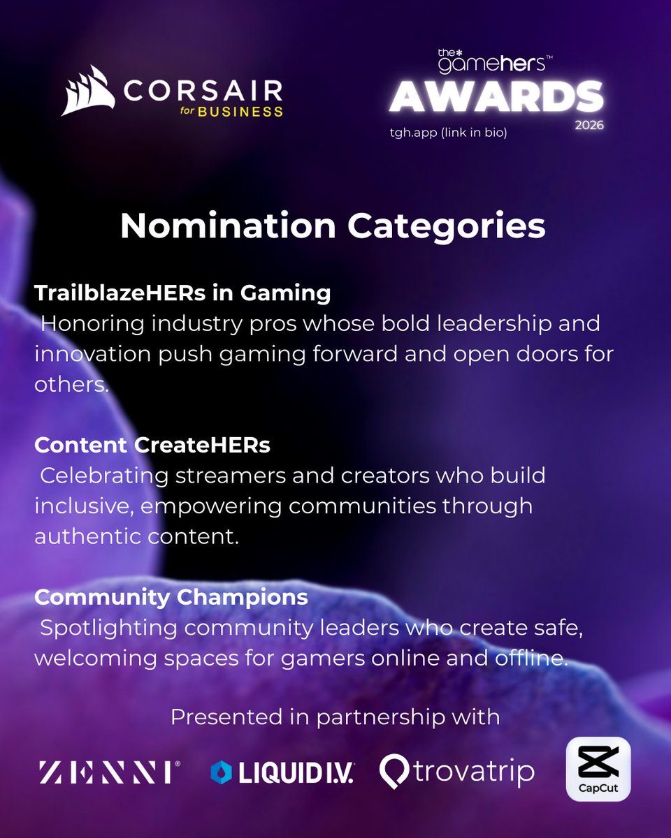 thegamehers's tweet image. From creators and casters to educators, students, and community leaders, the*gamehers Awards recognize women gamers who make this space better every single day.
💫 Nominations for thegamehers Awards 2026 are open.

Hit the link in bio or head to the GMHRS app to nominate!