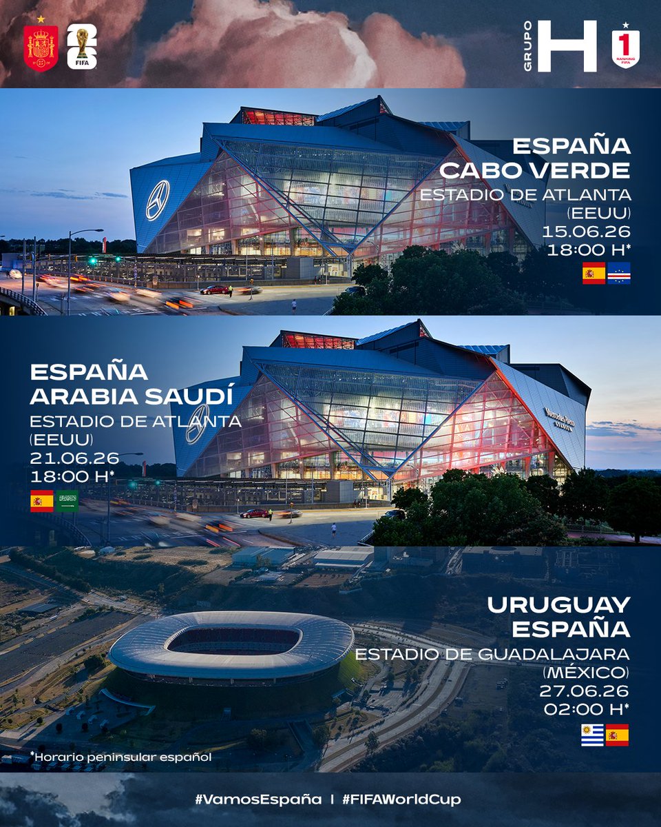 Lo estabais esperando.

🧐 ¡Estos son los horarios y estadios donde España jugará la fase de grupos de la #CopaMundialFIFA!

#VamosEspaña