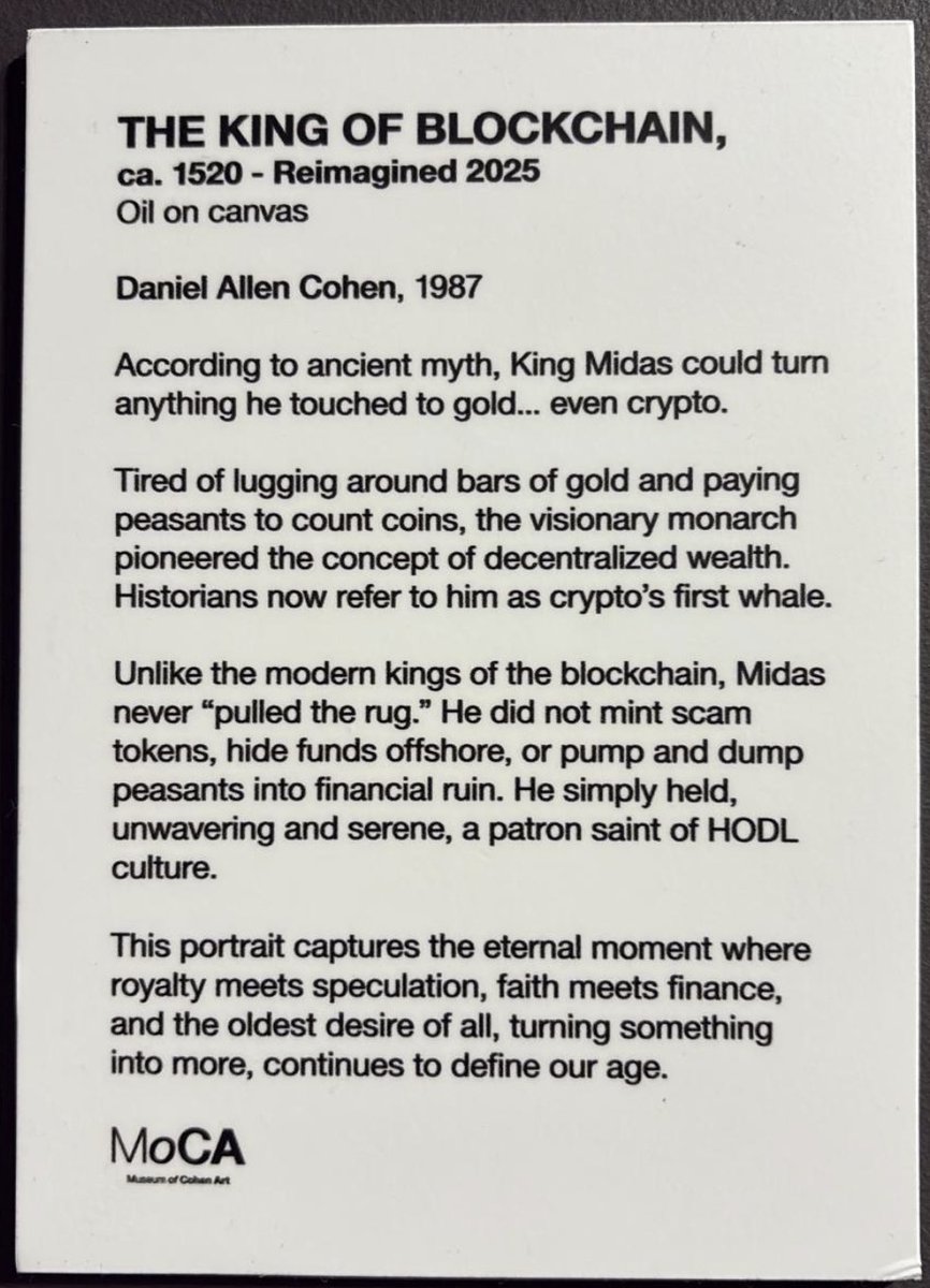 3937480reufd's tweet image. I'm at Art Basel and found something INSANE. Daniel allen cohen's new art piece worth millions is on display called "The King of Blockchain"

It's about this guy Midas who unlike farming and rug pulling, holds. He's a "saint of HODL culture"

This art can literally revive the…