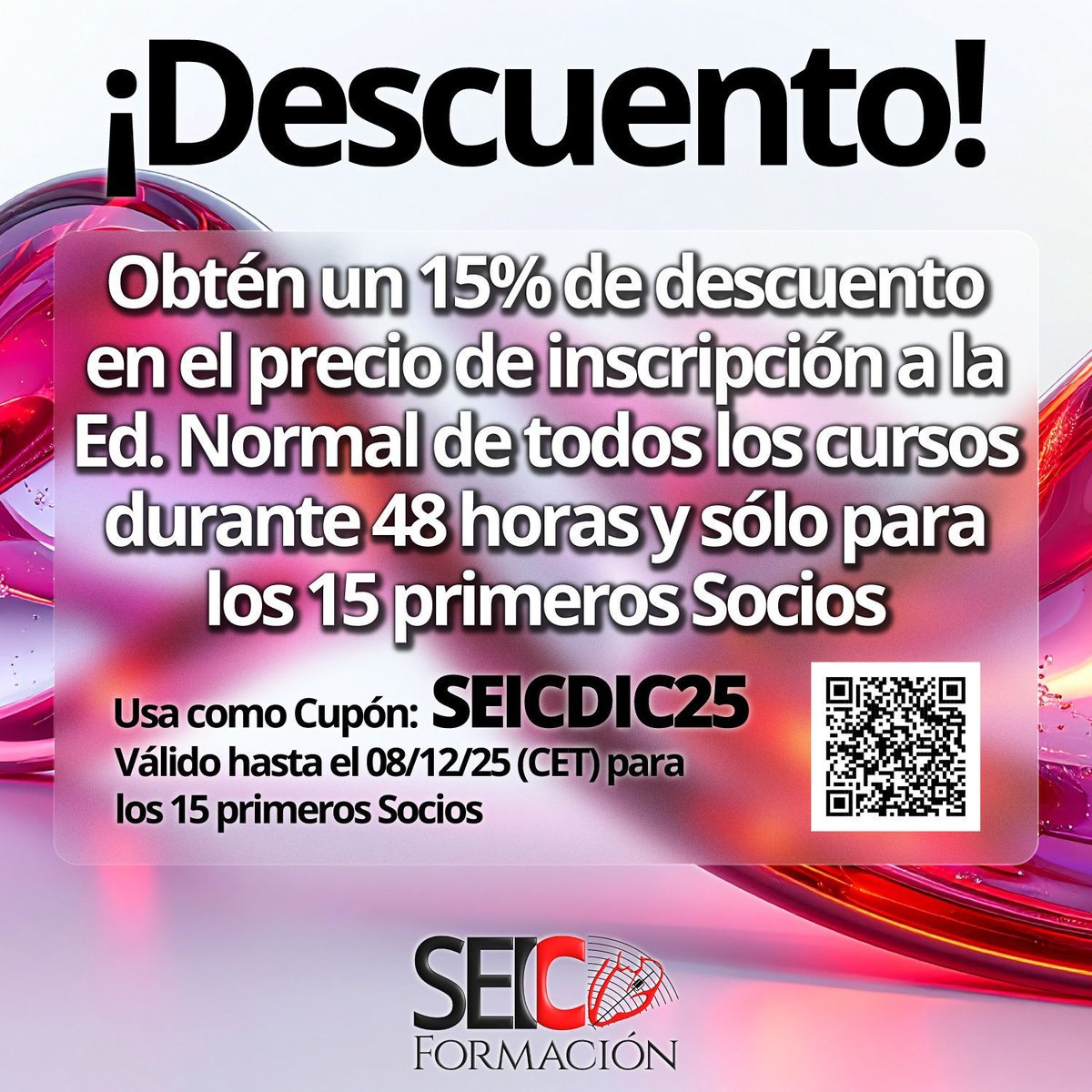😫 ¿Te quedaste sin Black Friday?
🤩Aprovecha un 15% de descuento en cualquier curso (Ed. Normal) durante 48 horas y limitado a los 15 primeros Socios ⏳
Cupón: SEICDIC25
Úsalo ⤴️ en el proceso de inscripción en... buff.ly/nOOYnA7 ◀️