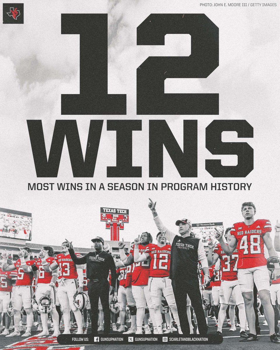 𝗛𝗜𝗦𝗧𝗢𝗥𝗬 𝗠𝗔𝗗𝗘‼️ Texas Tech reaches 12 wins, the most in a single season in program history! 🎉