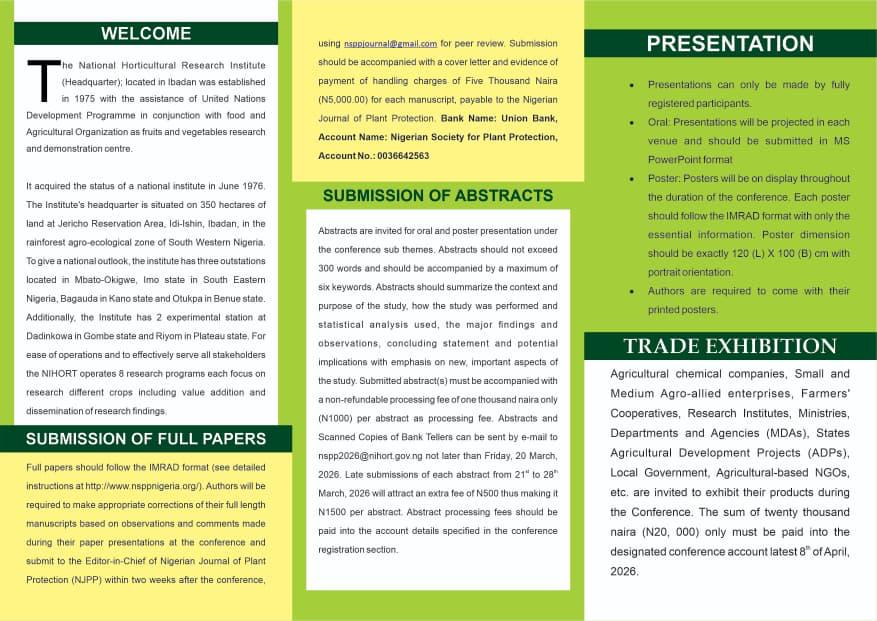 dr_arogs's tweet image. 51st Annual Conference of The Nigeria Society for Plant Protection (NSPP) “NSPP-NIHORT 2026.” DATE: 12th-16th April, 2026 HOST: National Horticultural Research Institute (NIHORT), Ibadan, Nigeria.  Abstract submission is in progress. 

Dr O Arogundade 
LOC Secretary
