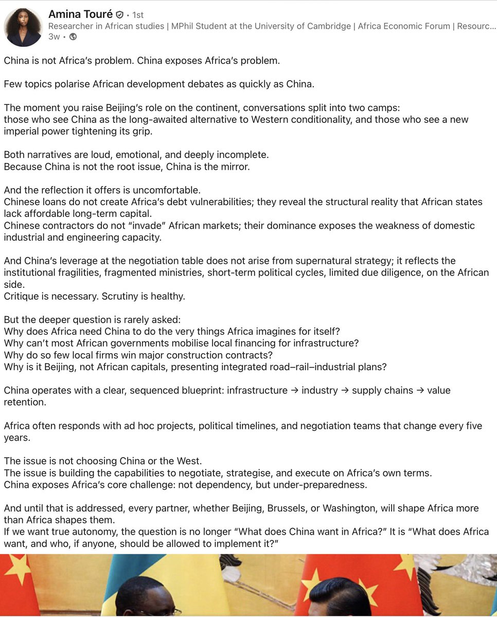 Her analysis is always spot on!! 

This right here should make us think:

"China operates with a clear, sequenced blueprint: infrastructure → industry → supply chains → value retention.

Africa often responds with ad hoc projects, political timelines, and negotiation teams