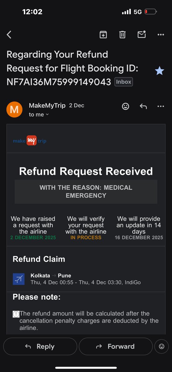 natya_arman's tweet photo. Cancelled Kolkata–Pune flight (4 Dec 2025) via @makemytrip on 2 Dec due to my father’s kidney emergency. It’s been 5+ days, no refund yet. Already shared medical documents multiple times but still getting repeated requests. Please refund asap.
#MakeMyTrip #Indigo @makemytripcare https://t.co/cJayw3nBnd