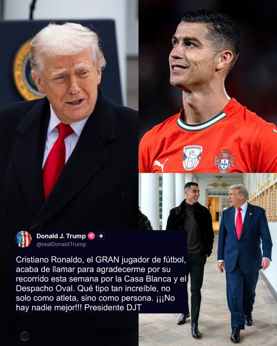 🚨

DONALD TRUMP:

“Cristiano Ronaldo, the GREAT football player, just called to thank me for his visit this week to the White House and the Oval Office. What an incredible guy, not only as an athlete, but also as a person. There is no one better! President DJT.”