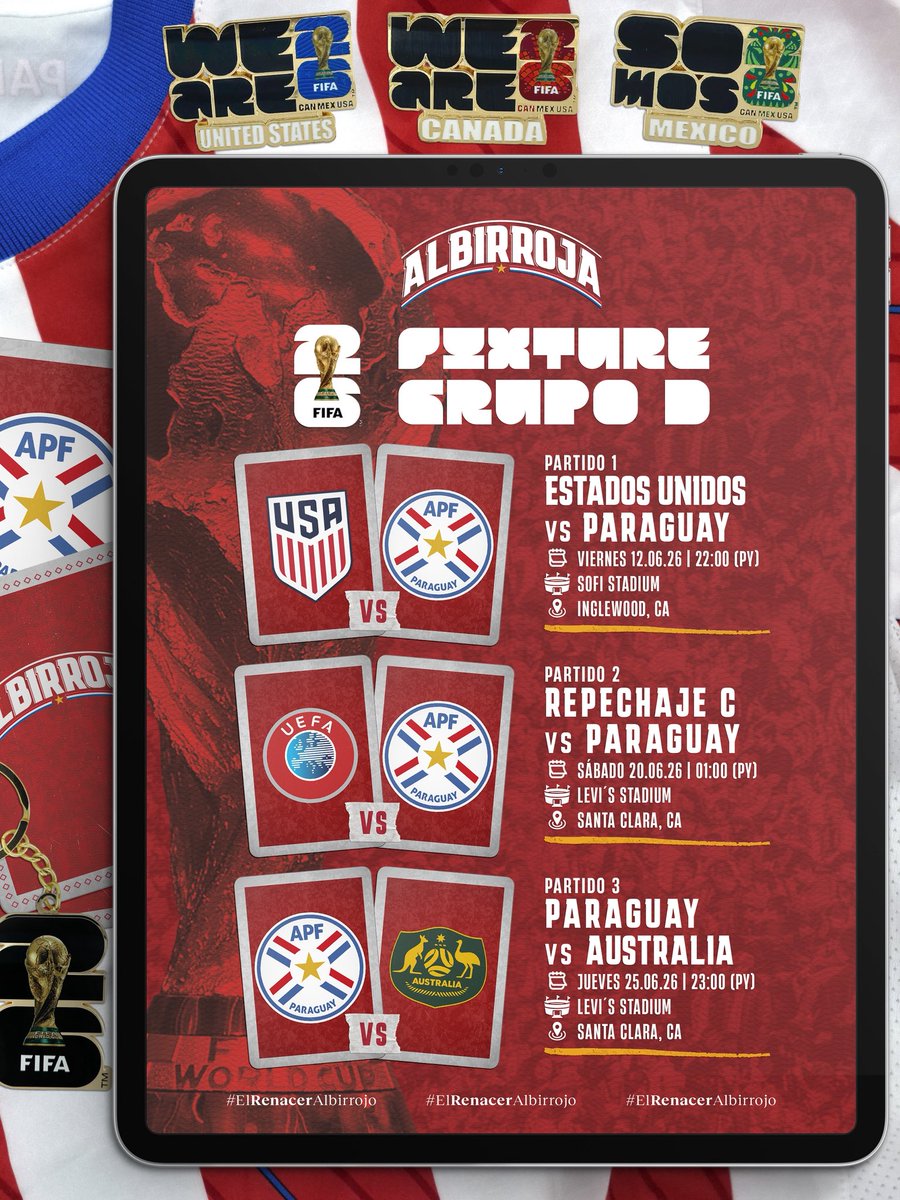 ¡Los detalles del camino albirrojo! ✔

🗓 Días, horarios y sedes de los partidos de la Selección Paraguaya ⚪🔴 en la Copa Mundial de la FIFA (@fifaworldcup) 2026.

¡Vamos, 𝐏𝐚𝐫𝐚𝐠𝐮𝐚𝐲 🇵🇾!