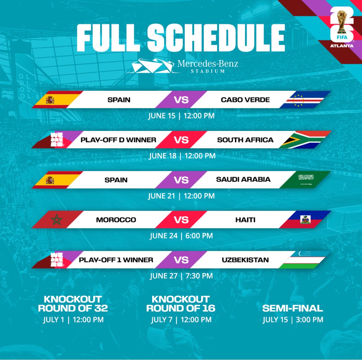 A 4 horas del Mundial.
Estos son los partidos del Mundial 2026 que vamos a tener más cerca de Charlotte.A solo 4 horas en auto, Atlanta será una de las sedes más importantes del torneo,les dejo el calendario completo de los partidos que se jugarán en el Mercedes-Benz Stadium.