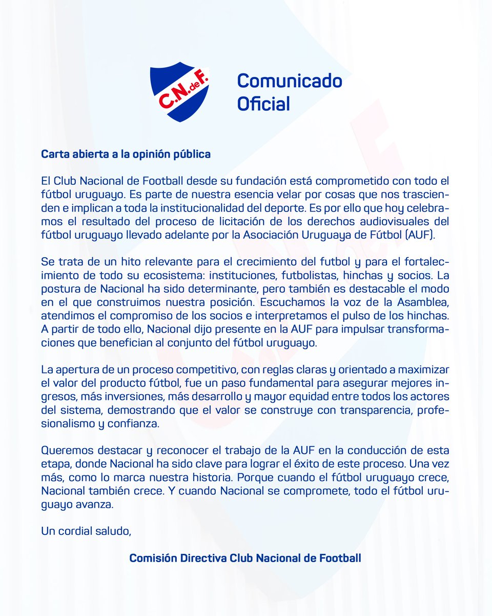📌 Comunicado oficial de la Comisión Directiva del Club Nacional de Football