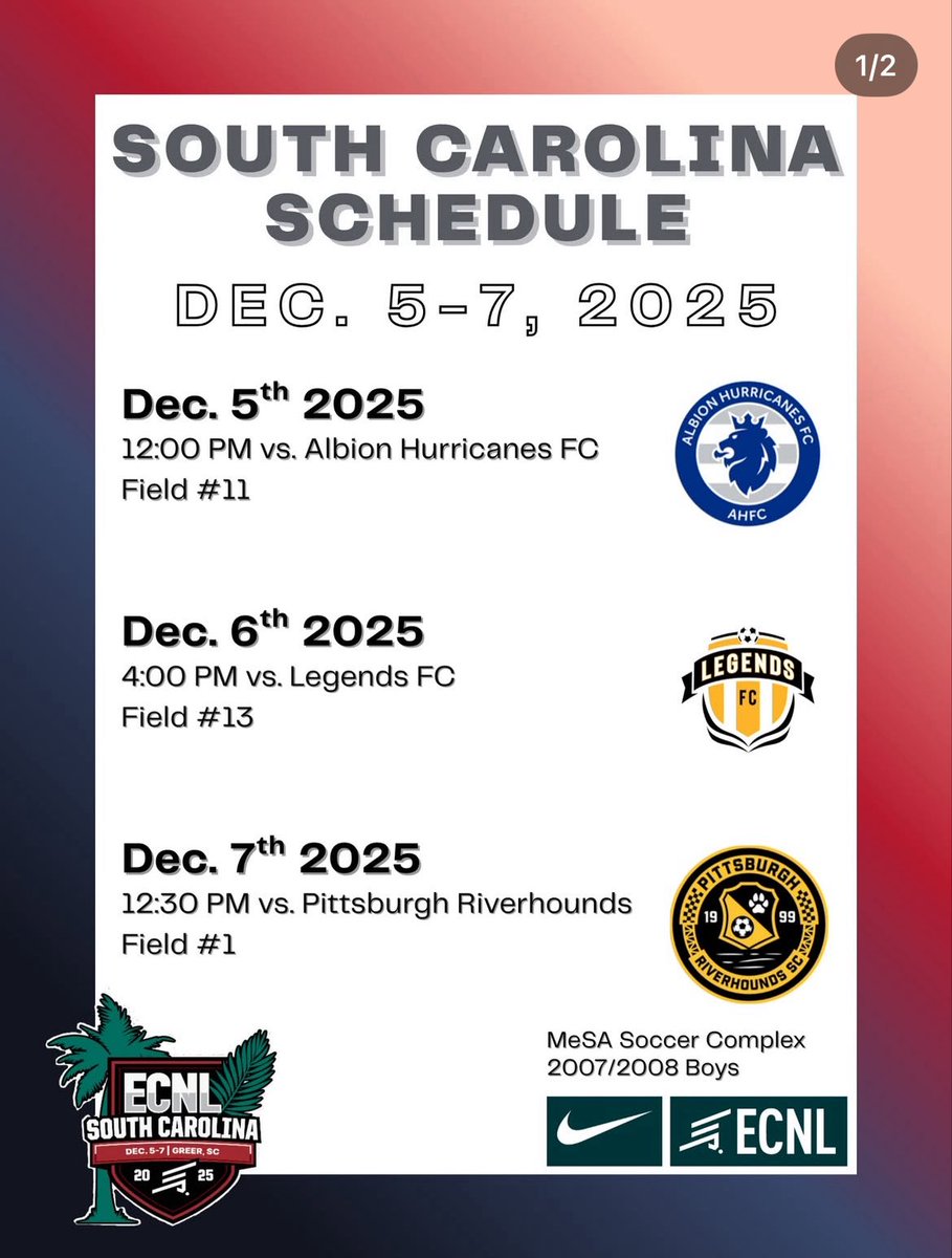 My schedule at the South Carolina ECNL Showcase.