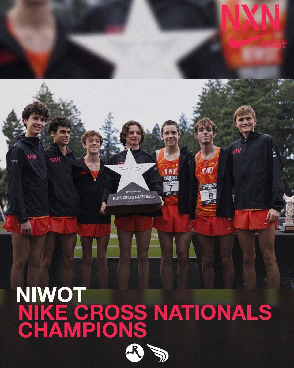 runnerspace's tweet image. Title defended.

The Niwot boys set a new championship boys team score record with 61 points on their way to winning a 2nd straight national title.

#NXN #RunnerSpace 
📸 Logan Hannigan-Downs