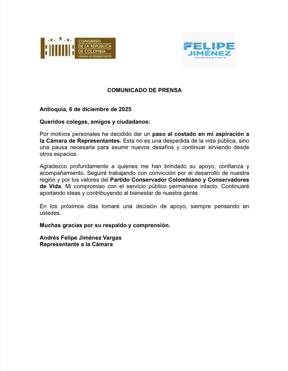 He tomado la decisión de no aspirar a la Cámara de Representantes en el próximo periodo. Continuaré ejerciendo mis funciones con total compromiso y responsabilidad como Representante a la Cámara, trabajando por las causas y la gente que represento. 

En los próximos días