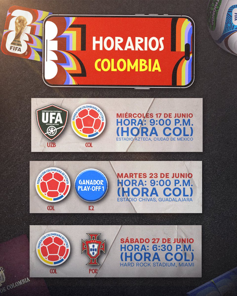 ¡𝗔 𝗽𝗿𝗼𝗴𝗿𝗮𝗺𝗮𝗿𝗻𝗼𝘀 𝗽𝗮𝗿𝗮 𝗹𝗮 𝗖𝗢𝗣𝗔 𝗠𝗨𝗡𝗗𝗜𝗔𝗟 𝗗𝗘 𝗟𝗔 𝗙𝗜𝗙𝗔 𝟮𝟬𝟮𝟲! 

Consulta el fixture con los 𝗵𝗼𝗿𝗮𝗿𝗶𝗼𝘀 𝗱𝗲 𝗻𝘂𝗲𝘀𝘁𝗿𝗼 𝗽𝗮𝗶́𝘀 ⬇️

🗓️ 17 de junio 🆚 🇺🇿, 🕘 𝟵:𝟬𝟬 𝗽.𝗺. (𝗵𝗼𝗿𝗮 𝗖𝗢𝗟)
🗓️ 23 de junio 🆚 Ganador Play-off 1,