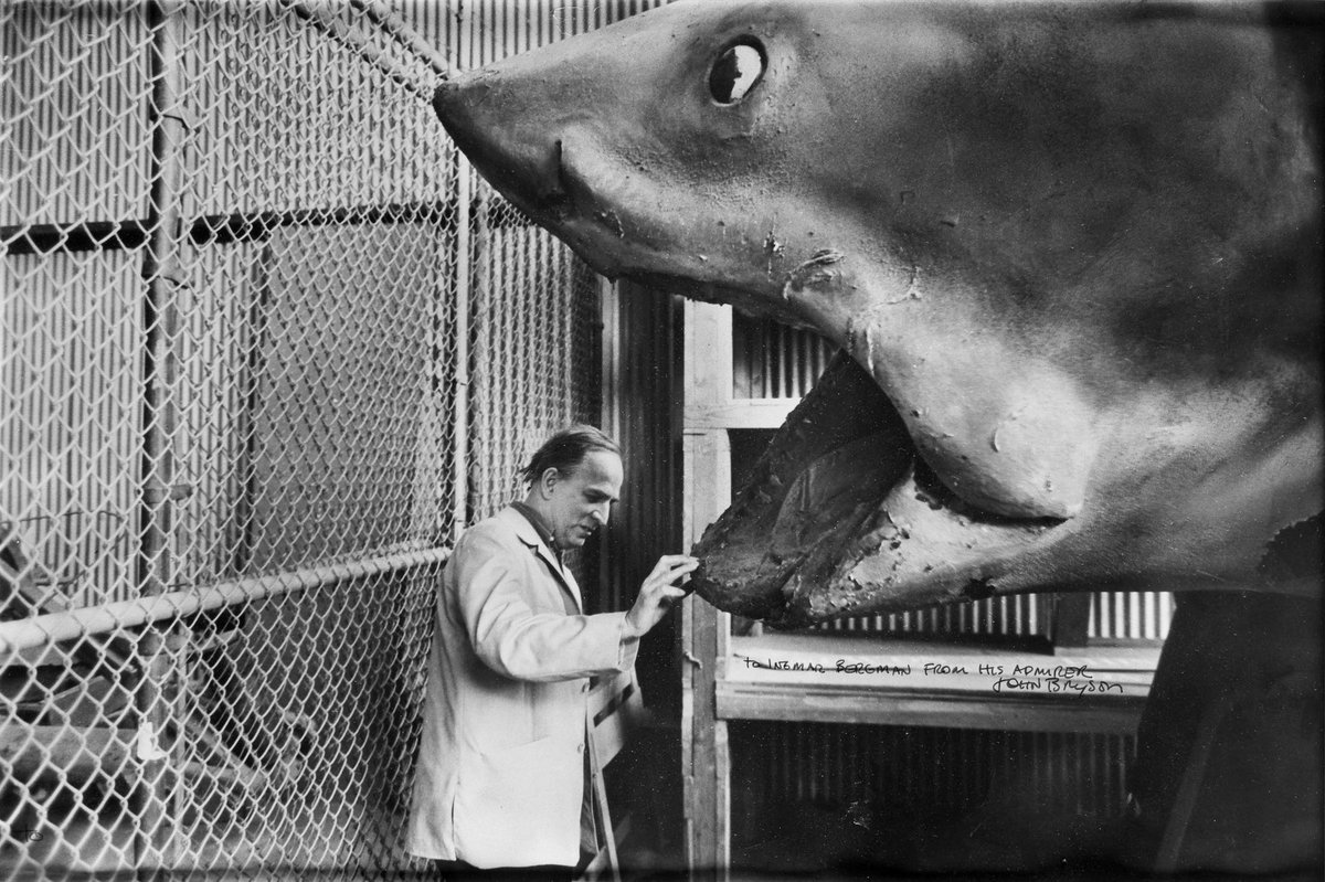 Ingmar Bergman and one of the sharks used for Jaws (1975).
