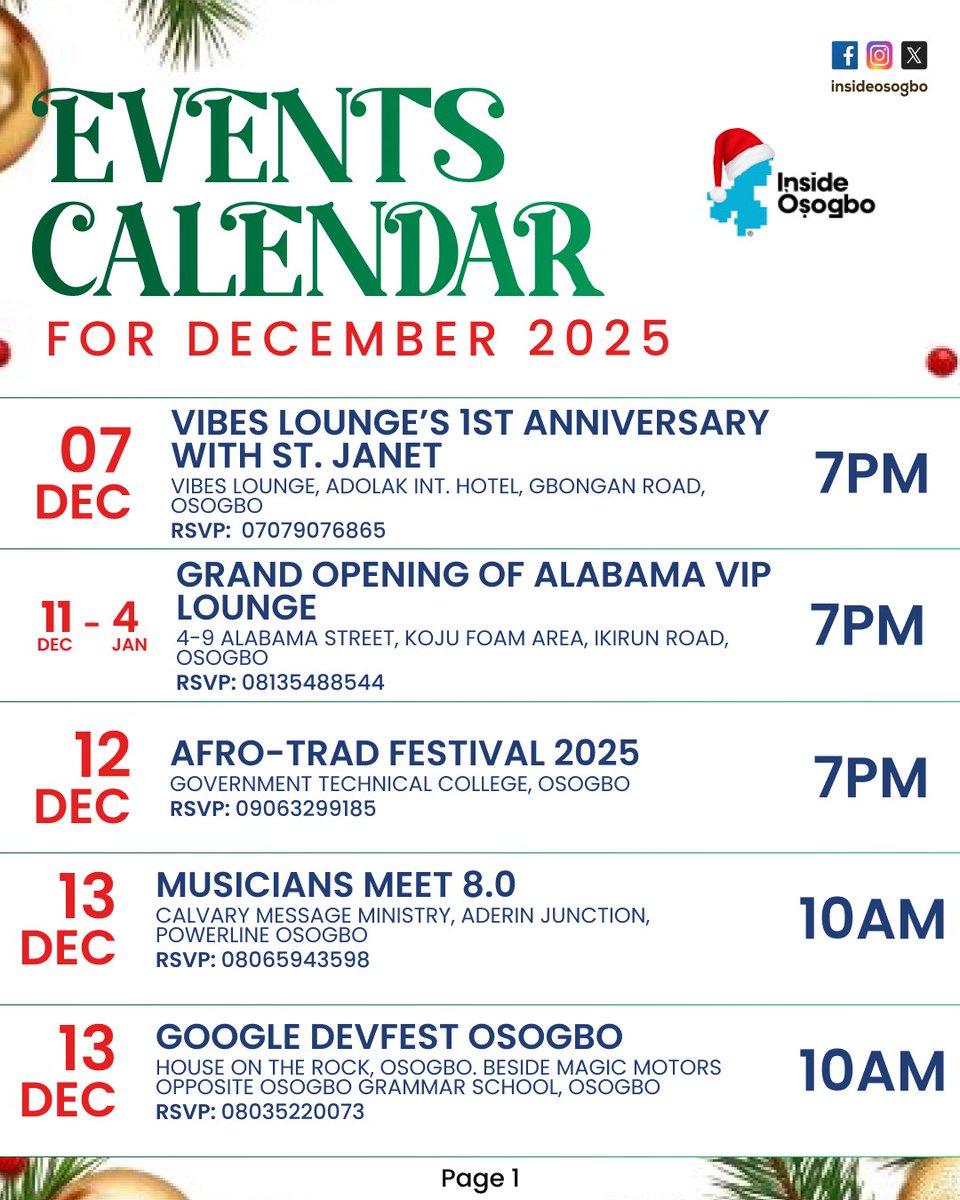 InsideOsogbo's tweet image. CALENDAR OF EVENTS HAPPENING INSIDE ÒṢOGBO FOR DECEMBER 2025

Check through the sheets and plan to have maximum fun this Festive Season. 

Good evening. 😇 😇 😇 

1/2

#InsideOsogbo