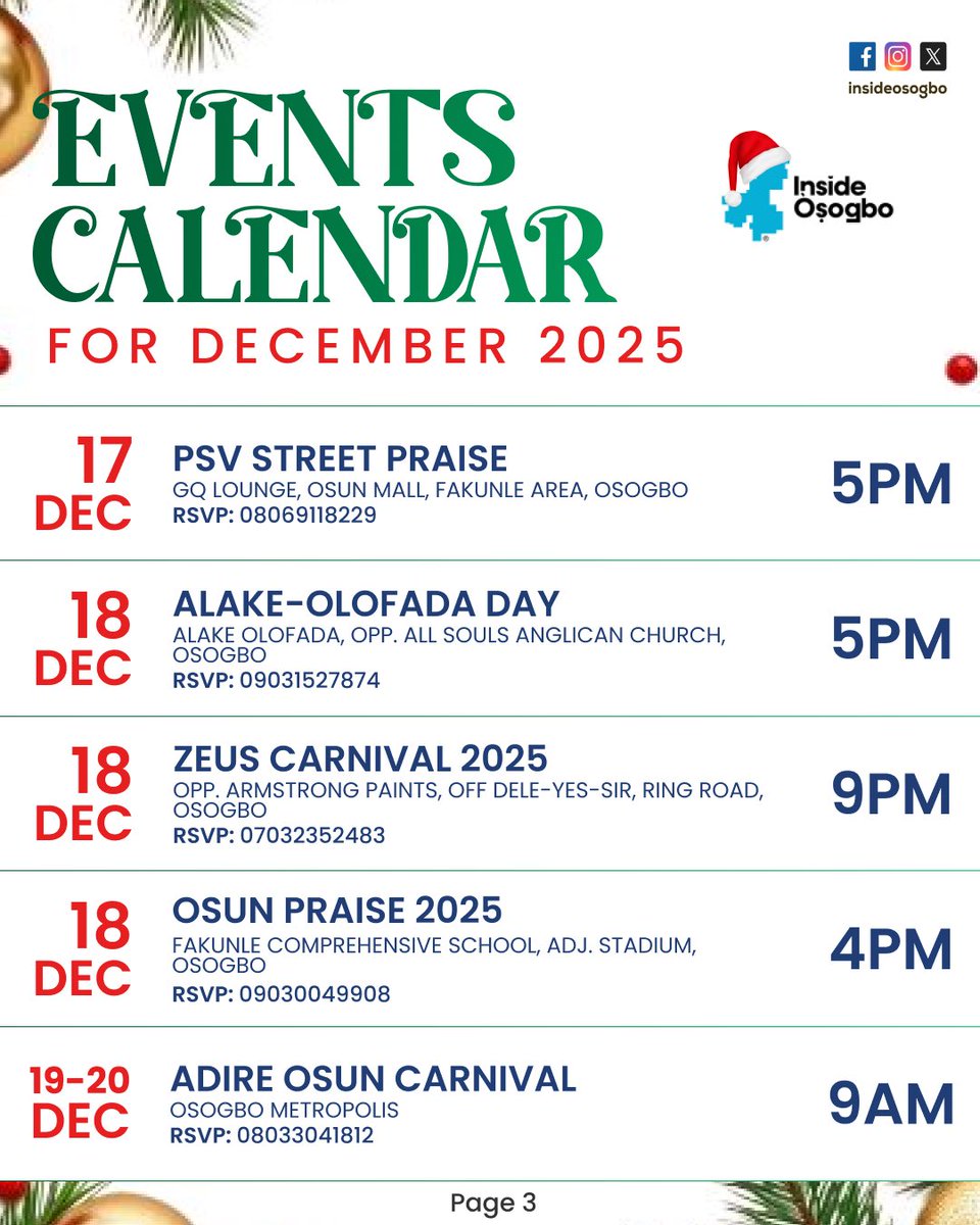 InsideOsogbo's tweet image. CALENDAR OF EVENTS HAPPENING INSIDE ÒṢOGBO FOR DECEMBER 2025

Check through the sheets and plan to have maximum fun this Festive Season. 

Good evening. 😇 😇 😇 

1/2

#InsideOsogbo