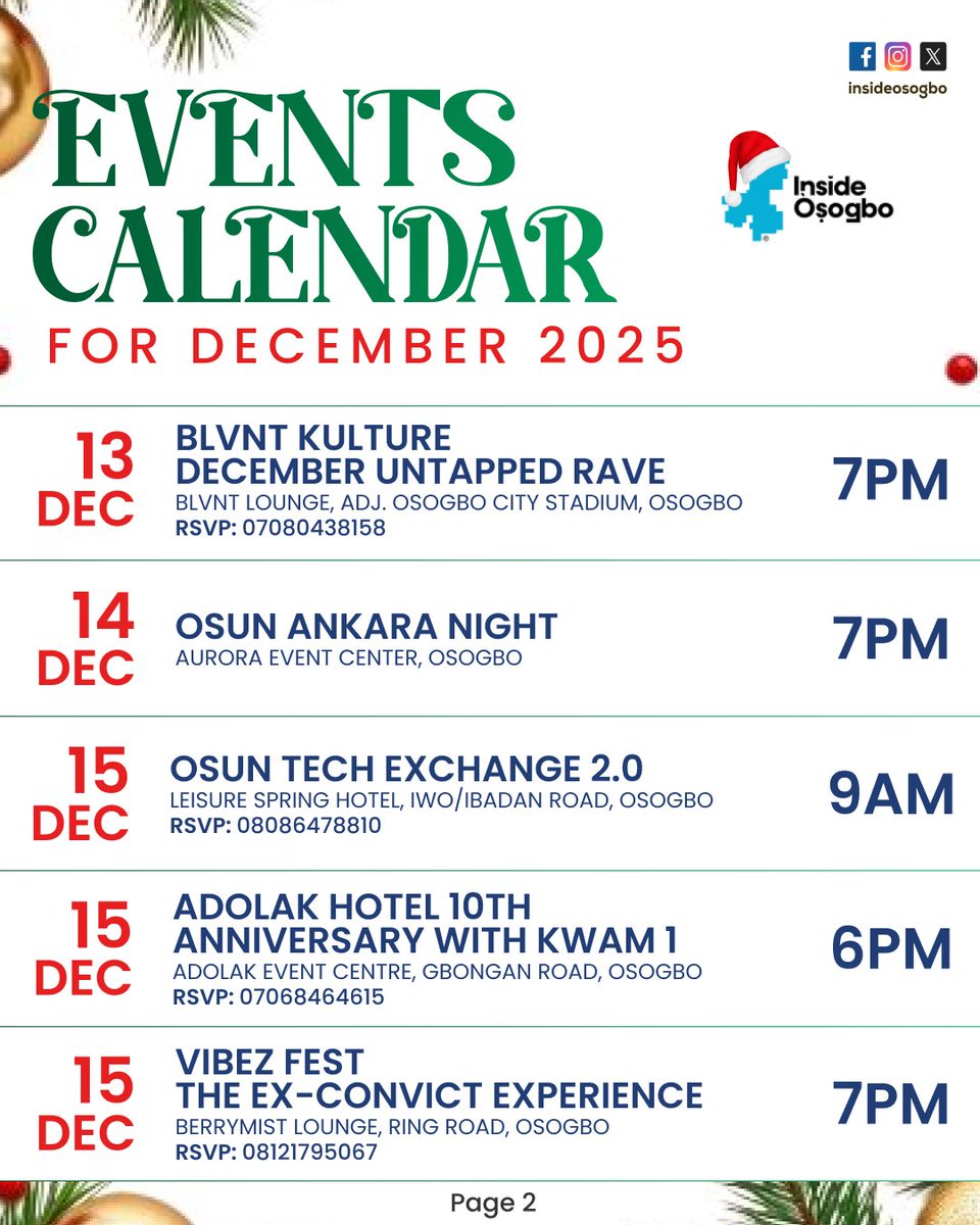 InsideOsogbo's tweet image. CALENDAR OF EVENTS HAPPENING INSIDE ÒṢOGBO FOR DECEMBER 2025

Check through the sheets and plan to have maximum fun this Festive Season. 

Good evening. 😇 😇 😇 

1/2

#InsideOsogbo