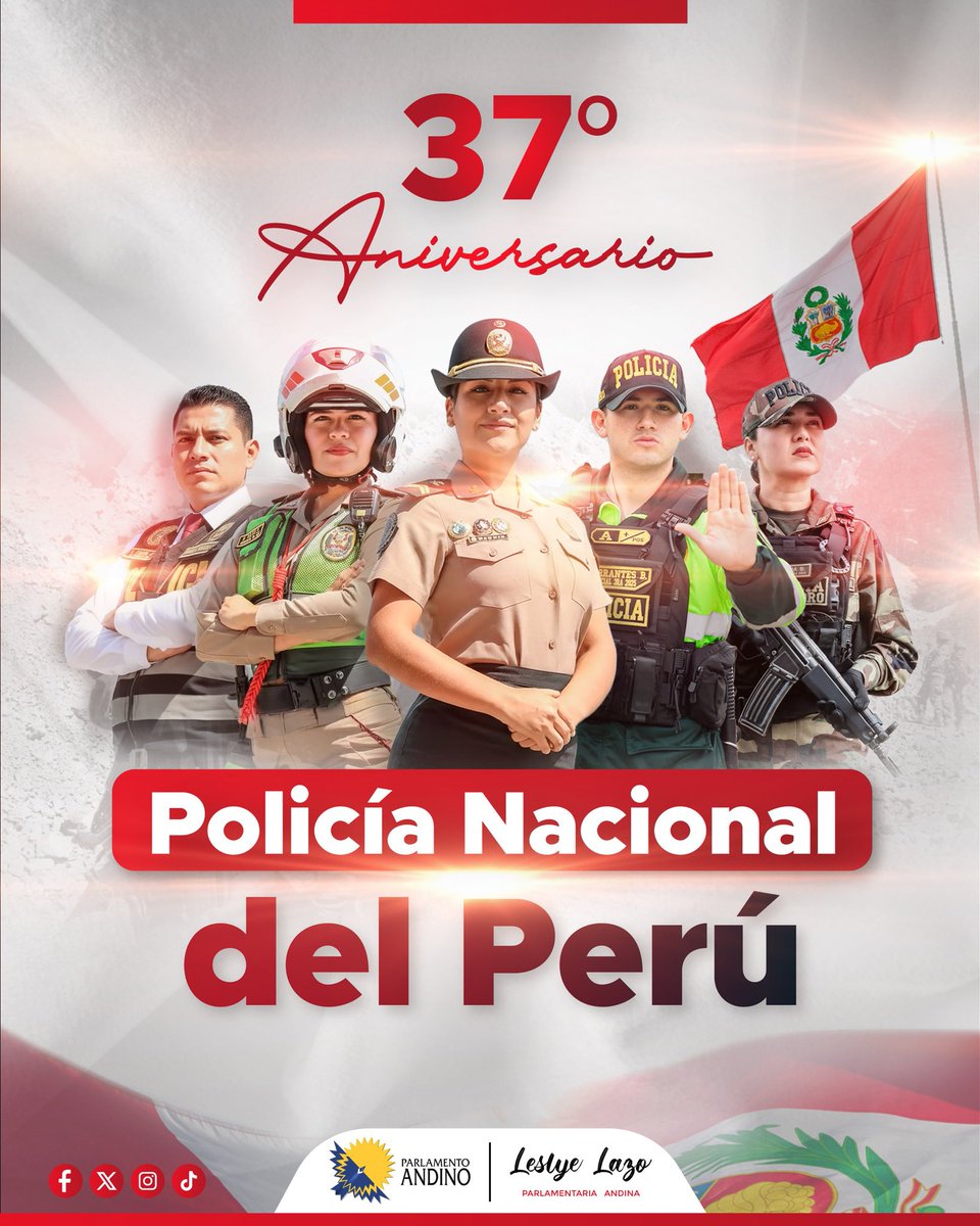 👮‍♂️🇵🇪 ¡Feliz 37.º Aniversario, Policía Nacional del Perú! <a href="/PoliciaPeru/">Policía Nacional del Perú</a> 
Hoy reconocemos el valor y la entrega de nuestros policías, quienes trabajan día y noche para proteger nuestra seguridad y la paz en cada rincón del país 🙌
💪✨ ¡Gracias por su servicio y entrega al Perú!