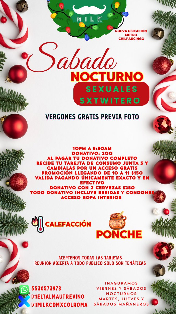 📌NUEVA UBICACIÓN
🚇CHILPANCINGO

〰️Milk
⌚10PM A 6:30AM
🍆 Sábado NOCTURNOS
🩲ACCESO ROPA INTERIOR
🍻INCLUYE 🍷🎈

♦️VIERNES Y SABADOS NOCTURNO
♦️ JUEVES, SÁBADOS Y MARTES MAÑANEROS $50

🔄RT Y PARTICIPA EN CORTESIA
TREVIÑO wa.link/0js0fi