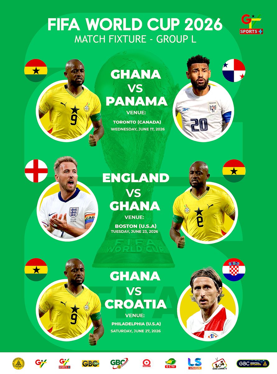 mygtvsports's tweet photo. Ghana’s official 2026 World Cup fixtures.

June 17 vs Panama 
June 23 vs England 
June 27 vs Croatia

#GTVSports https://t.co/VeWlhHFpJH