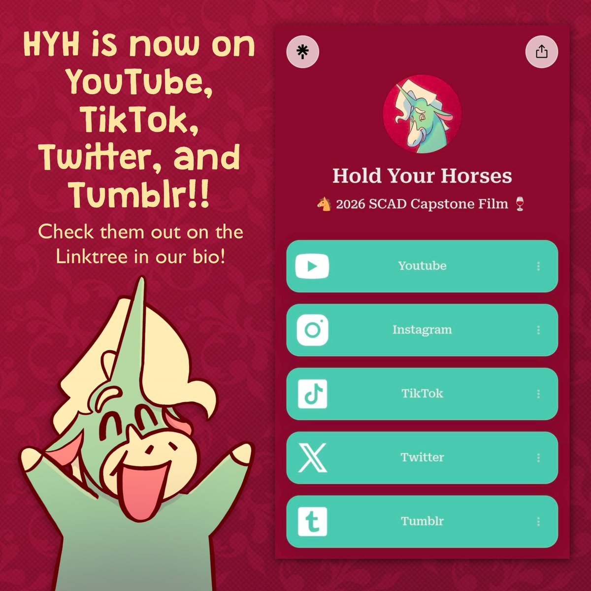 HYHFilm's tweet photo. 🐴 Hold Your Horses is officially on Instagram, YouTube, TikTok, Twitter, and Tumblr!! Head to our Linktree in our bio to check them out and follow us! 🫶
|
|
#holdyourhorses #animation #animatedfilm #scadanimation #scadfilm #scadcapstone2026 #scad #shortfilm #art https://t.co/0b0ZsYxjRr