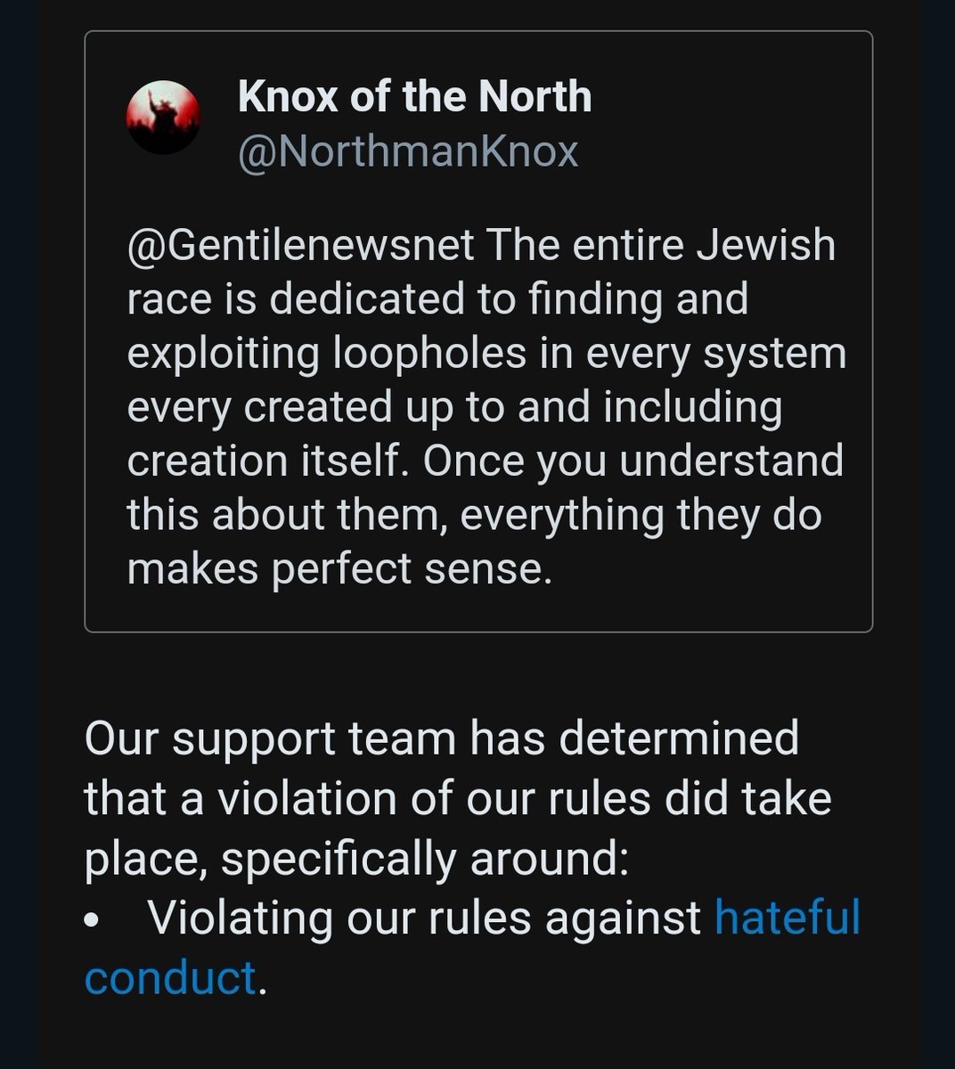 NorthmanKnox's tweet photo. @elonmusk Don't get me wrong it's better than it was by a long shot but this isn't exactly "a free speech app where as long as it's not illegal it won't be taken down" like you promised. https://t.co/XD8Xf1pJAe