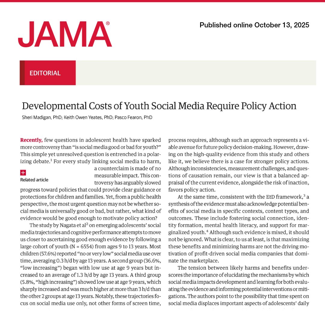JAMA_current's tweet photo. 💬 Editorial: Evidence from longitudinal data links higher adolescent social media use to small but population-meaningful deficits in cognitive performance. https://t.co/Kd3SGsUmJr https://t.co/nrbJ5zYod7