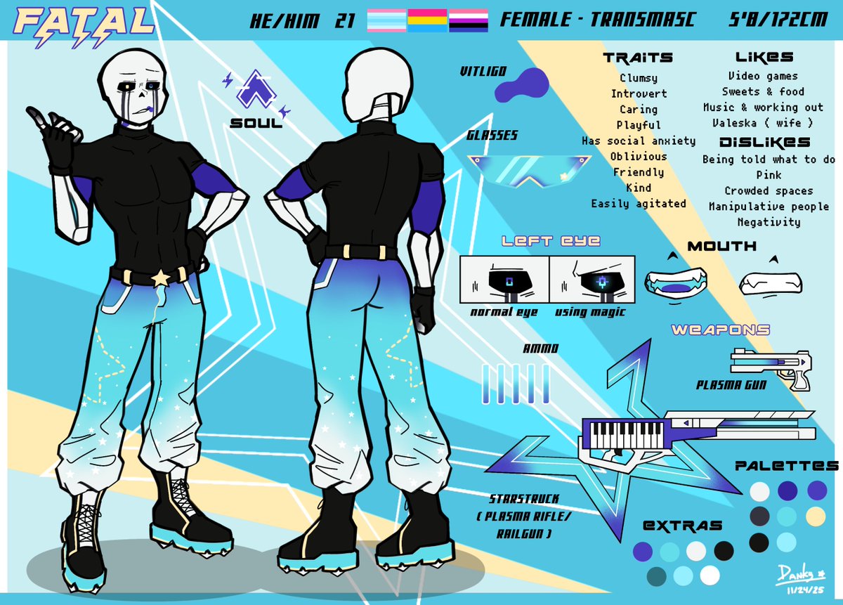 dankyblast's tweet photo. —﹙🎸﹚decided to redesign my skelesona! ☆

✦ this was actually pretty fun to draw, i wanted my skelesona to be at least colorful! ﹒ ꩜

#undertale #undertaleAU #sansau #sansoc #skelesona ⟢ https://t.co/2MaV5rn5kj