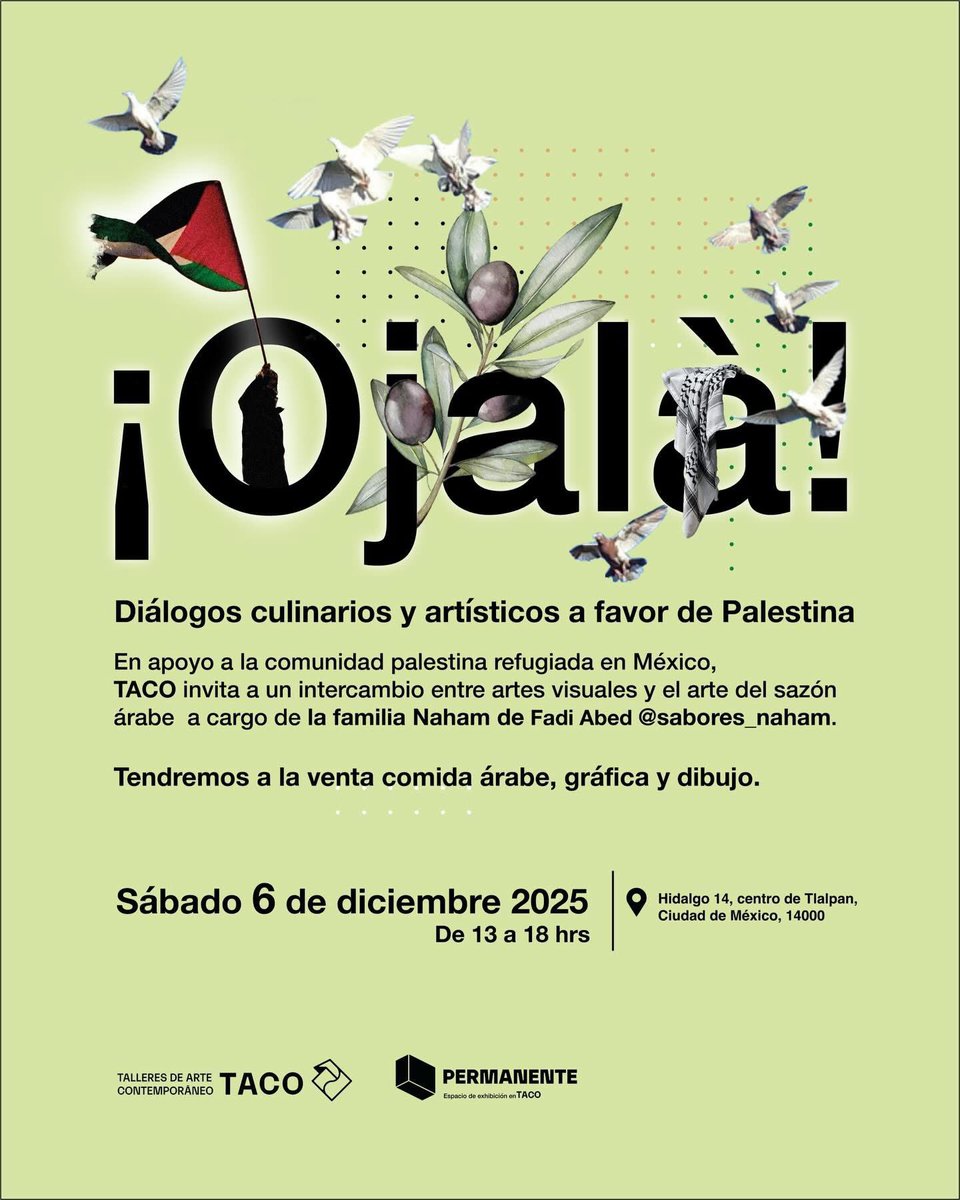 En apoyo a la comunidad palestina refugiada en Tlalpan, TACO invita a un intercambio entre artes visuales y el sazón árabe de @sabores_nagham de Fadi Abed. 
Habrá platillos palestinos,  dibujos y obra gráfica a precios accesibles realizados por artistas  de nuestra comunidad.
