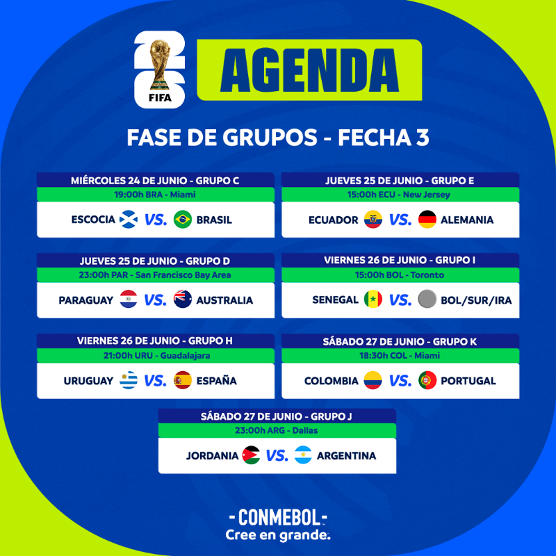 CONMEBOL's tweet photo. ¡Agenda completa de los sudamericanos en la #CopaMundialFIFA! 🗓️

Agenda completa das seleções sul-americanas na #CopaMundialFIFA! 🏟️