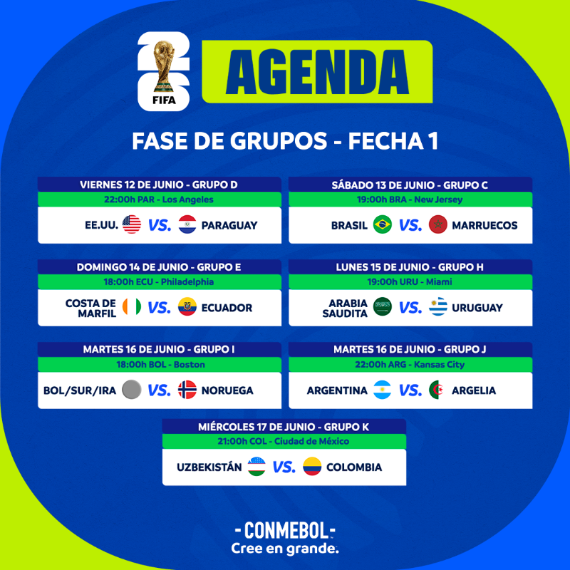 CONMEBOL's tweet photo. ¡Agenda completa de los sudamericanos en la #CopaMundialFIFA! 🗓️

Agenda completa das seleções sul-americanas na #CopaMundialFIFA! 🏟️
