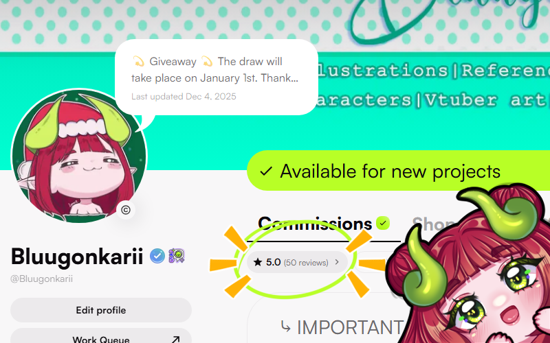 I finally reached my goal of 50 reviews on <a href="/_VGen_/">VGen ✨ comms made easy</a> 🎉To thank you for your support, I'd like to hold a new giveaway ♡

• Each review counts as one entry.
• If you left 3 positive reviews, you'll get 3 entries.
• You can follow me on VGen or X (optional)
• The giveaway will