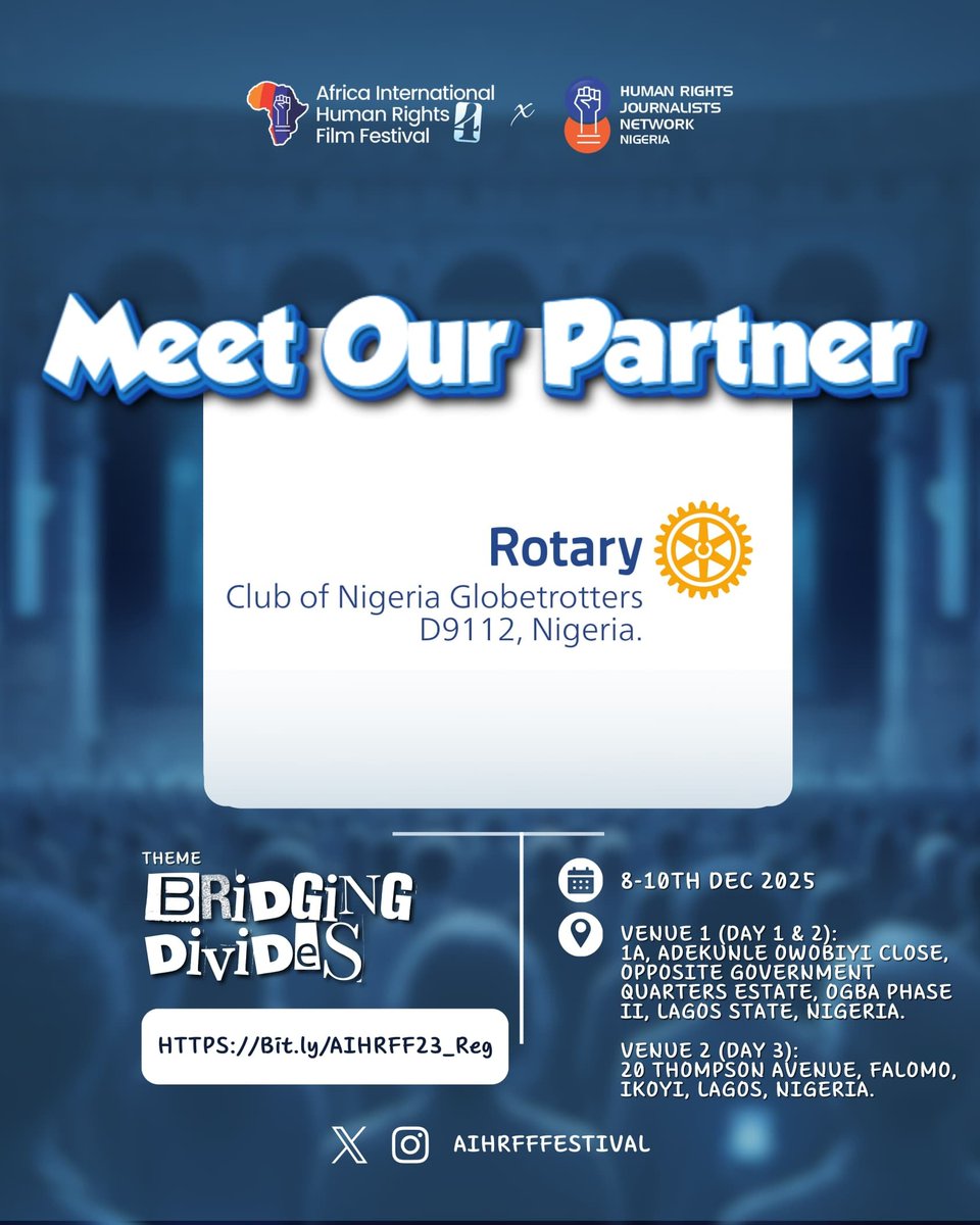 Meet one of our partners,  Rotary Club of Nigeria Globetrotters, an invaluable contributor to AIHRFF.
Be a part of this year’s transformative festival experience by registering here:bit.ly/AIHRFF25_Reg
#AIHRFF2025
#BridgingDivides
#FilmForJustice 
#AfricaHumanRightsFestival