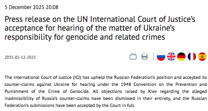 ATGuerreiro's tweet photo. A Ucrânia e os países ocidentais continuam a somar derrotas judiciais no Tribunal Internacional de Justiça (TIJ).

Submeteram a queixa contra a Rússia em Fevereiro de 2022 visando a condenação de Moscovo por genocídio com o desencadeamento da Operação Militar Especial.

O "problema" é que, a 01.02.2024, o TIJ recusou as acusações da Ucrânia e do Ocidente contra a Rússia e passou a investigar, antes, o genocídio cometido pela Ucrânia.

A 18.11.2024, a Rússia ofereceu ao TIJ mais de 10.000 páginas de prova documental que atestam o genocídio ucraniano.

Kiev não gostou e impugnou a iniciativa russa. O TIJ deu ontem razão à Rússia e vai prosseguir a investigação contra a Ucrânia.

Ainda há direito internacional!

Tenho tido a sorte de acompanhar o trabalho da equipa de contencioso da Rússia nestes processos junto do TIJ e posso dizer duas coisas:
1- A Rússia conta com uma equipa multidisciplinar brilhante, que sabe fazer investigação e percebe de direito;
2- O Ocidente continua a confundir opiniões e agendas com factos e direito.

Mas cada um ilude-se, se quiser, com o glamour das televisões ocidentais e com a censura imposta pela UE.