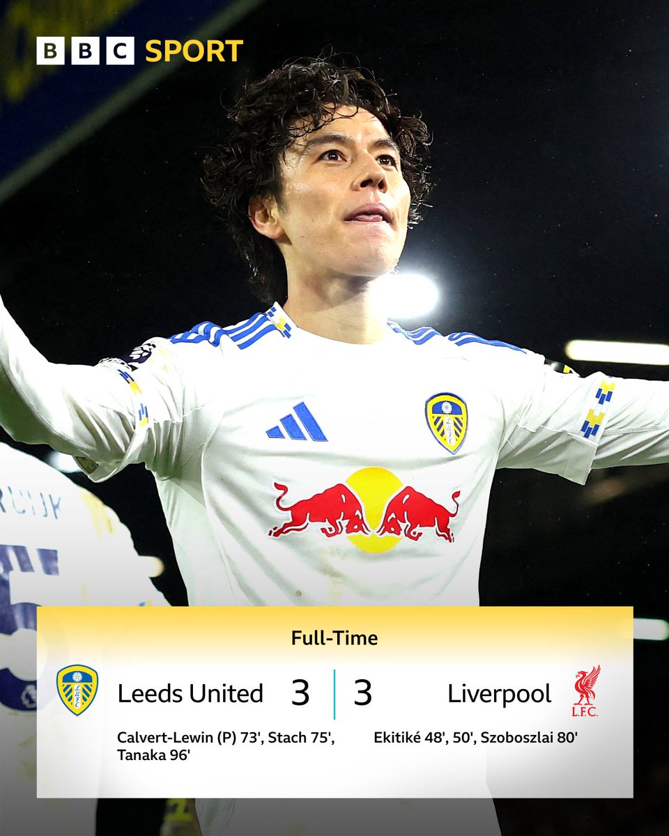 BBCWYS's tweet photo. FULL-TIME: Leeds United 3-3 Liverpool

⚽️ After a breathless second half with six goals, the Whites manage to grab a point deep in stoppage time.

#LUFC | #BBCFootball https://t.co/C38gzdXbMv