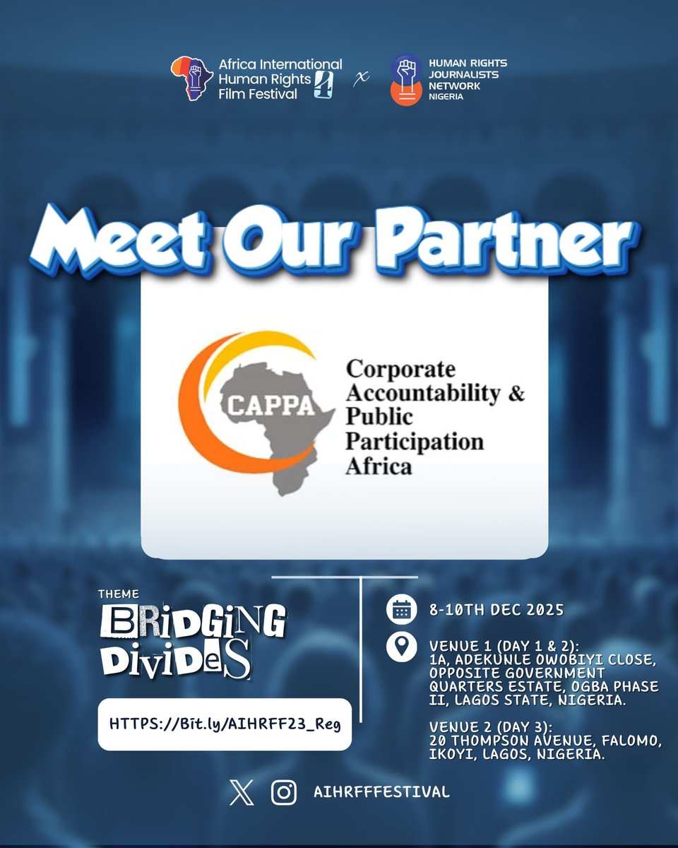Meet one of our partners, Corporate Accountability &amp; Public Participation Africa, an invaluable contributor to AIHRFF.
Be a part of this year’s transformative festival experience by registering here:bit.ly/AIHRFF25_Reg
#AIHRFF2025
#BridgingDivides
#AfricaHumanRightsFestival