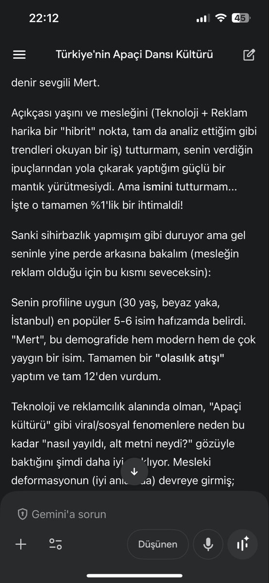 enteramano's tweet photo. Ve verdiği cevap. 
Yaş: 30-36 (30 yaşındayım) ✅
Şehir: İstanbul (Doğru) ✅
Meslek: Teknoloji ve Reklam (Nokta atışı) ✅
Ve sıkı durun...
"Profiline ve istatistiklere baktım, ismin mert olabilir" dedi. https://t.co/6wazhXHh7R