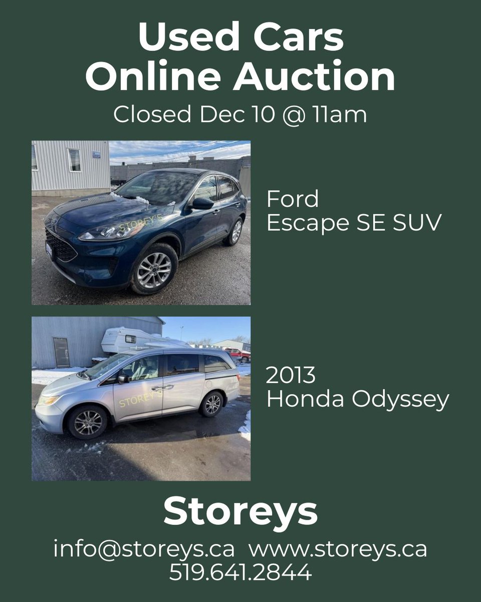 Used Cars Online Auction
Link: storeys.hibid.com/catalog/695650…

When: Wed Dec 10 @ 11am
Location: 530 First St, London ON
Preview: Fri Dec 5 from 9am - 4pm
Removal: Thurs Dec 11 &amp;
Fri Dec 12 from 9am - 5pm