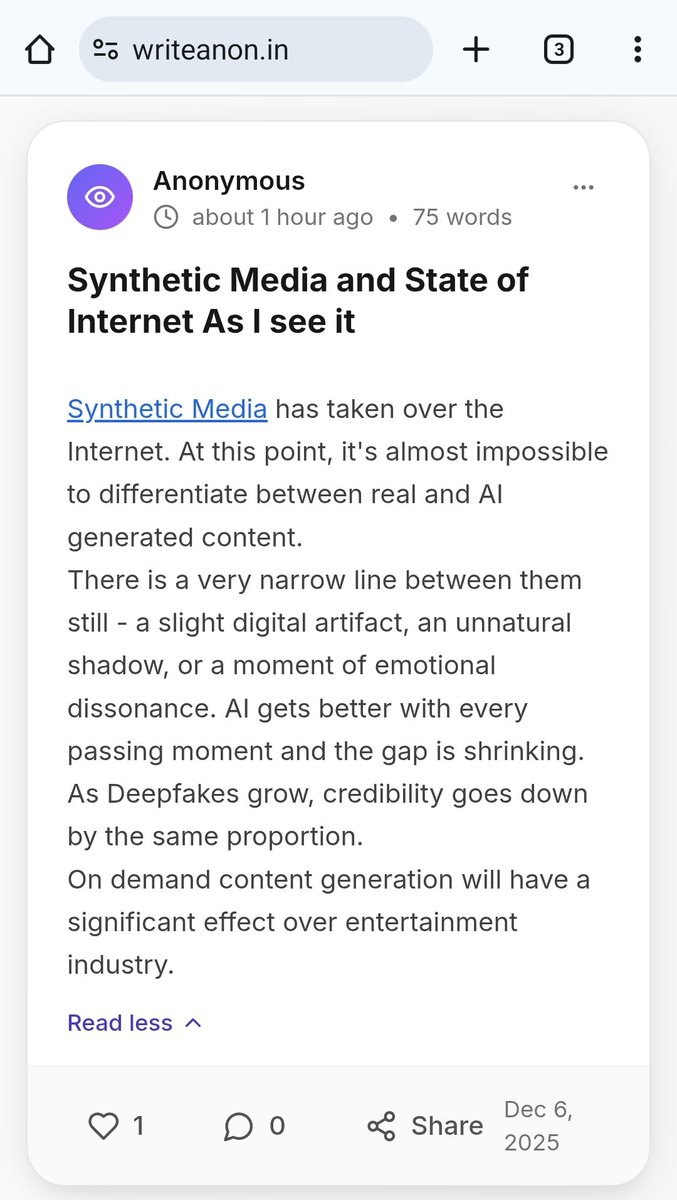 writeanon's tweet photo. A few thoughts on Synthetic Media and current State of Internet https://t.co/qIpICOKV6W
