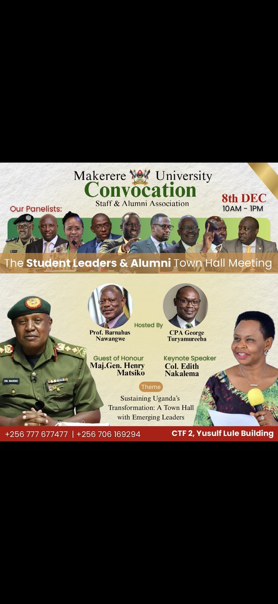 Join Us! Makerere University Convocation Town Hall Meeting

📅 8th December 2025
🕙 10:00 AM
📍 CTF2 – Yusuf Lule Building, Makerere University

Makerere University Convocation invites all University student leaders and alumni to a dynamic Town Hall Meeting