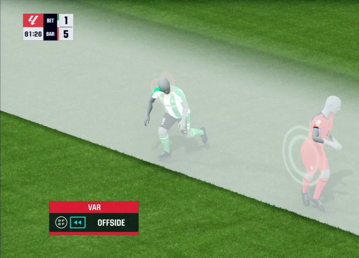 1- Gol anulado al Betis en el 78:40
2- Imagen del supuesto fuera de juego con el balón que ya ha salido del pie.
3- Reanudan el juego en el 79:13 (😂 33” de revisión). 
4- La recreación 3D del semiautomático tras el gol anulado al Betis en el 81:26.