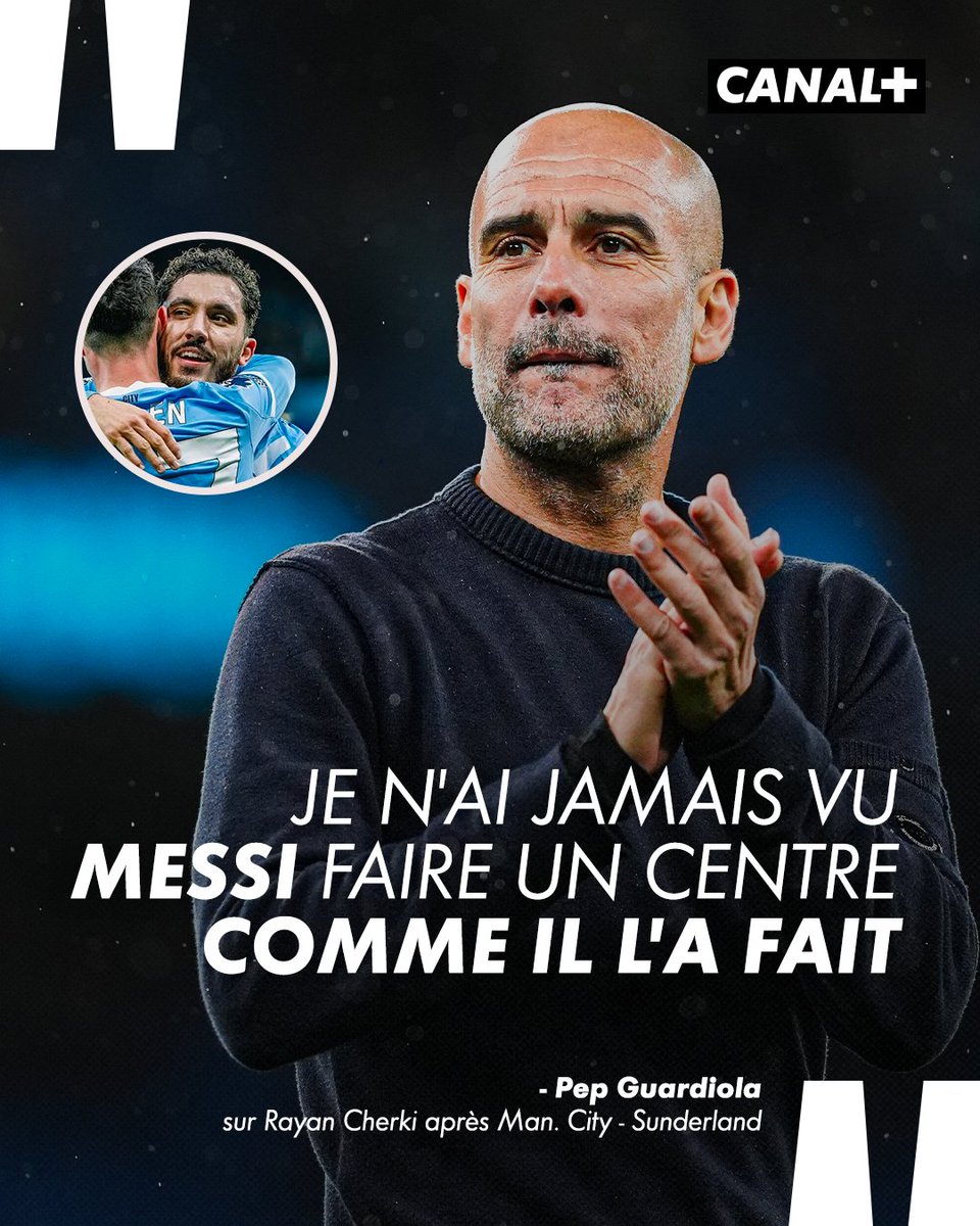 CanalplusFoot's tweet photo. "Je n'ai jamais vu Messi faire un centre comme il l'a fait... Messi est le meilleur joueur de tous les temps, mais je n'ai jamais vu de centres pareils." 🗣️

Pep Guardiola sur le coup du foulard de Rayan Cherki face à Sunderland cette après-midi 🤤 https://t.co/cDpaWp5vZY