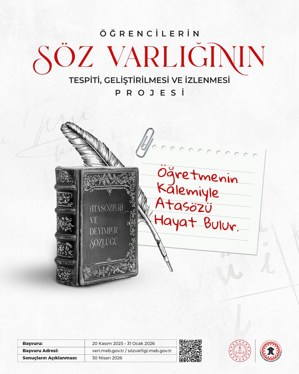 Değerli öğretmenlerimiz, 
“Öğretmenimin Kaleminden Atasözleri ve Deyimler” çalışmasına öğrencileriniz için seçtiğiniz atasözleri ve deyimlere yönelik 500-700 kelimelik açıklamalar yazarak katkı sunmak üzere veri.meb.gov.tr adresindeki formu doldurabilirsiniz.