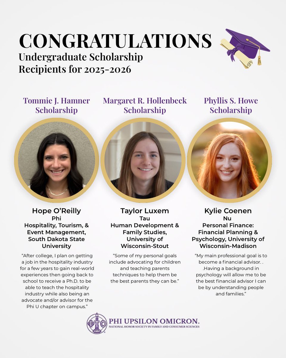 The Phi Upsilon Omicron Educational Foundation awarded $117,200 to 51 deserving members for 2025–2026! 💜 Join us in celebrating three more of our outstanding undergraduate recipients. 👏