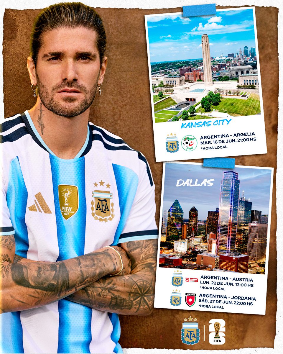 Argentina's tweet photo. #FIFAWorldCup 🏆 

✔🙌 Información con fechas, horarios y sedes oficializadas de los partidos que disputará #Argentina en el Grupo J, y calendario completo.

📰 https://t.co/PHRteu9NB6

#TodosJuntos 🇦🇷 https://t.co/AXvtjYhjPI