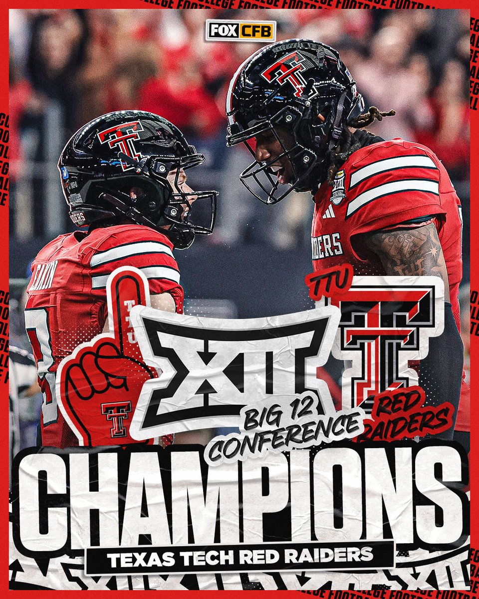 CFBONFOX's tweet image. The Red Raiders are Big 12 Champions! 🏆

@TexasTechFB seals a dominant win over BYU to secure their first-ever @Big12Conference Championship.