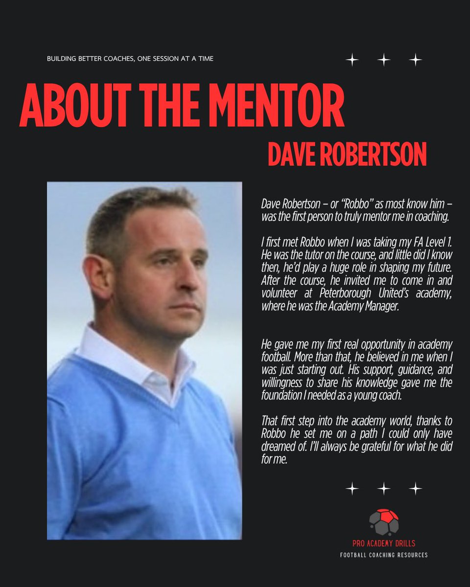 ProAcademyDrill's tweet image. Behind every coach is someone who believed in them.
For me, that was Dave Robertson.

He gave me my first academy opportunity &amp;amp; mentored me from day one. Those early lessons shaped everything.

Who’s been your mentor?

#ProAcademyDrills #CoachingMentor #MentorshipMatters