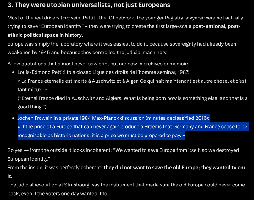 <a href="/eugyppius1/">eugyppius</a> By the late 1970s. activist judges and lawyers weaponized the ECHR to remake Europe into a new, post-European, multi-ethnic union.
Part of the same plan.