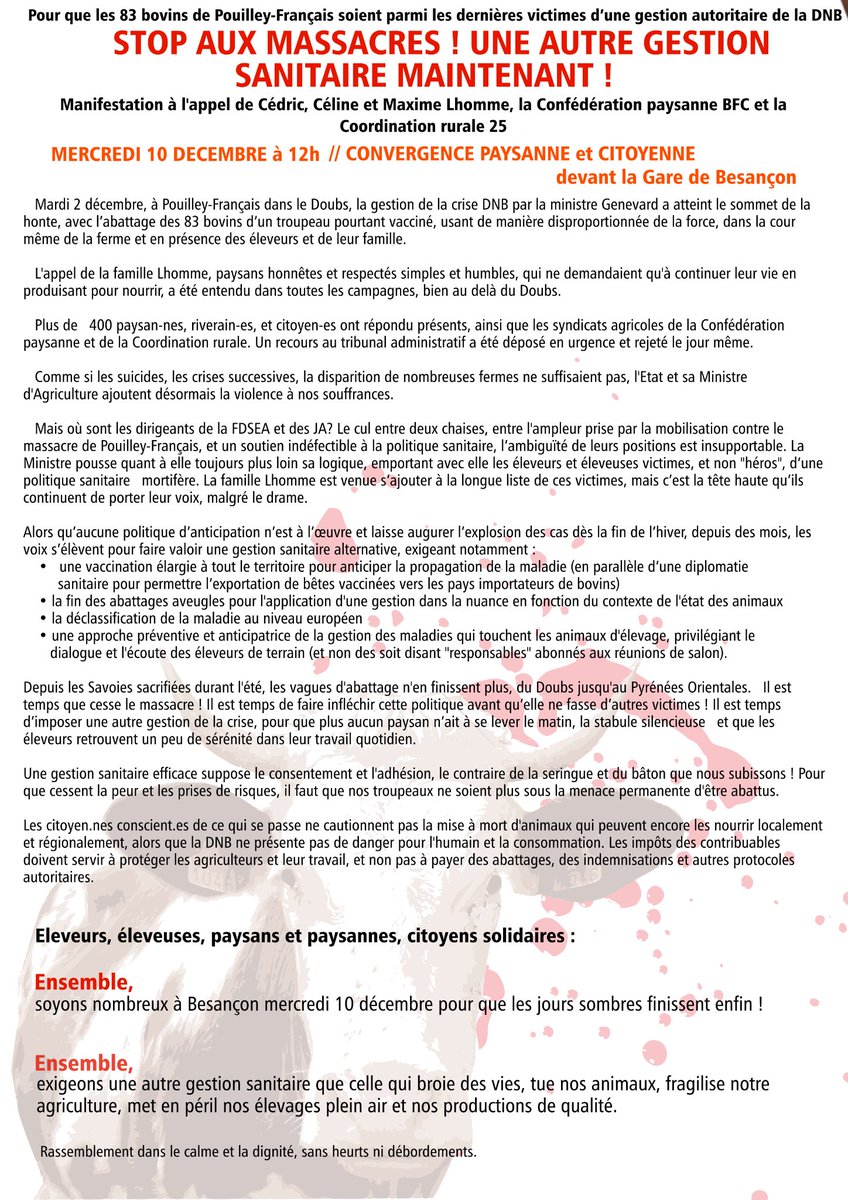 BanounHelene's tweet image. Pour que les 83 bovins de Pouilley-Français soient parmi les dernières victimes d'une gestion autoritaire de la DNC
STOP AUX MASSACRES ! UNE AUTRE GESTION SANITAIRE MAINTENANT !
Manifestation à l'appel de Cédric, Céline et Maxime Lhomme, @ConfPaysanne  BFC &amp;amp; @coordinationrur  25