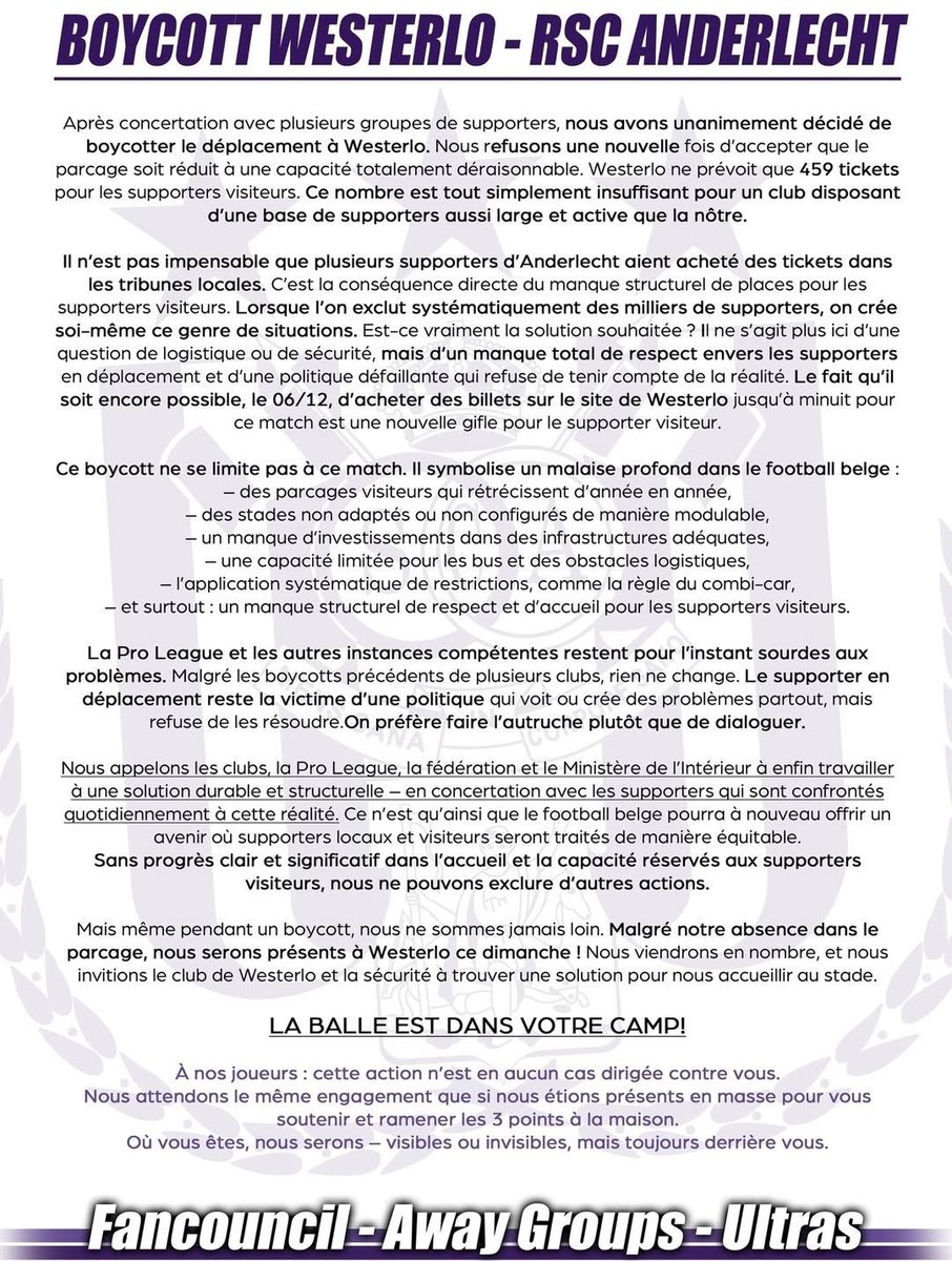❌ | Les supporters d’Anderlecht boycottent le déplacement à Westerlo